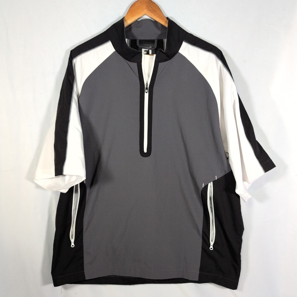 Footjoy Men's Large Half Zip Pullover Windbreaker Gray White Black Golf Pockets
